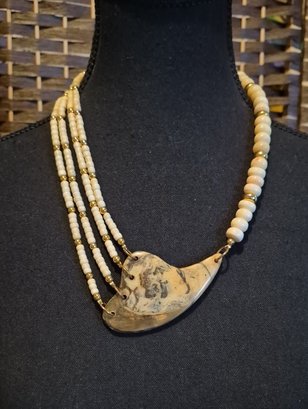 Vintage Beige Plastic Pendant Multi-Strand Beaded Necklace